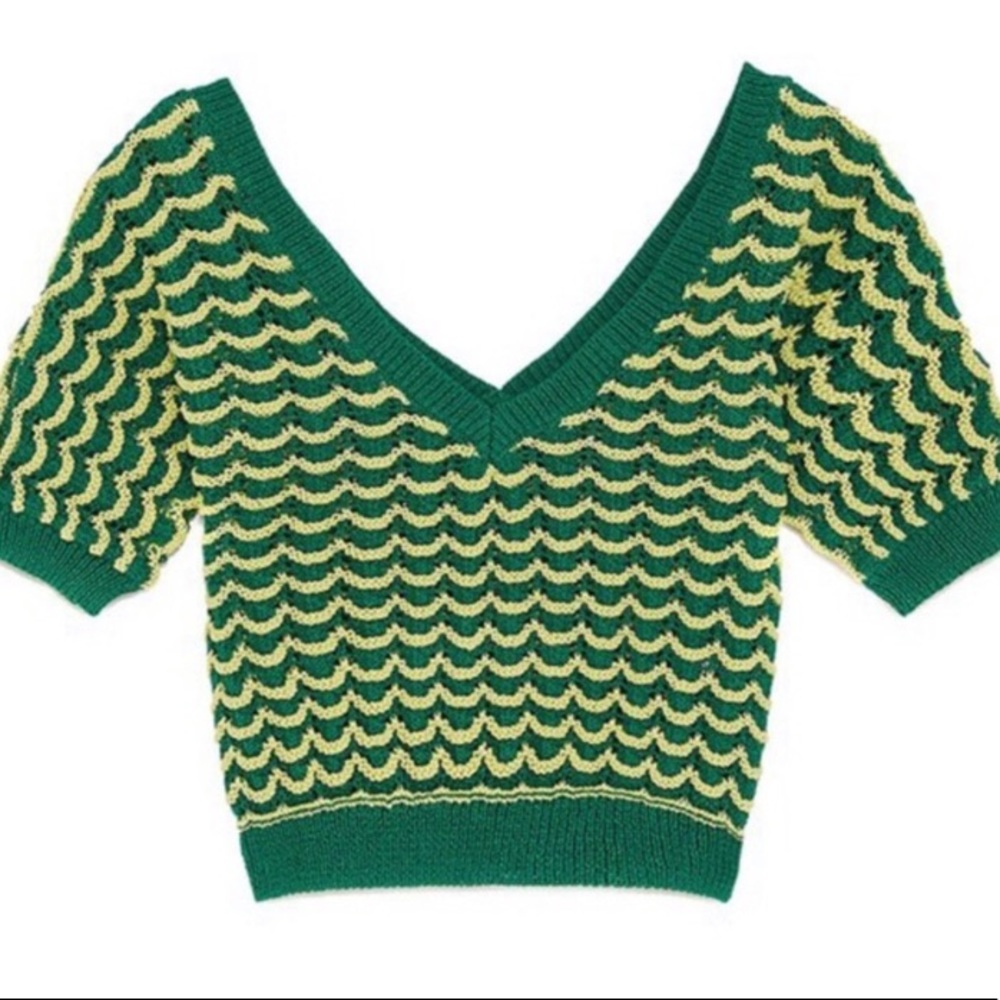 NWT Zara Cropped Green Chevron Sweater Top Size S